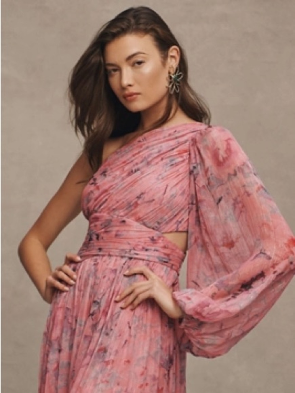 BHLDN One-Shoulder Pleated Floral Maxi Dress in Pink